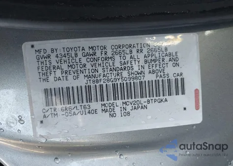 2000 Lexus Es 300 from USA, damaged, VIN JT8BF28G9Y5099807